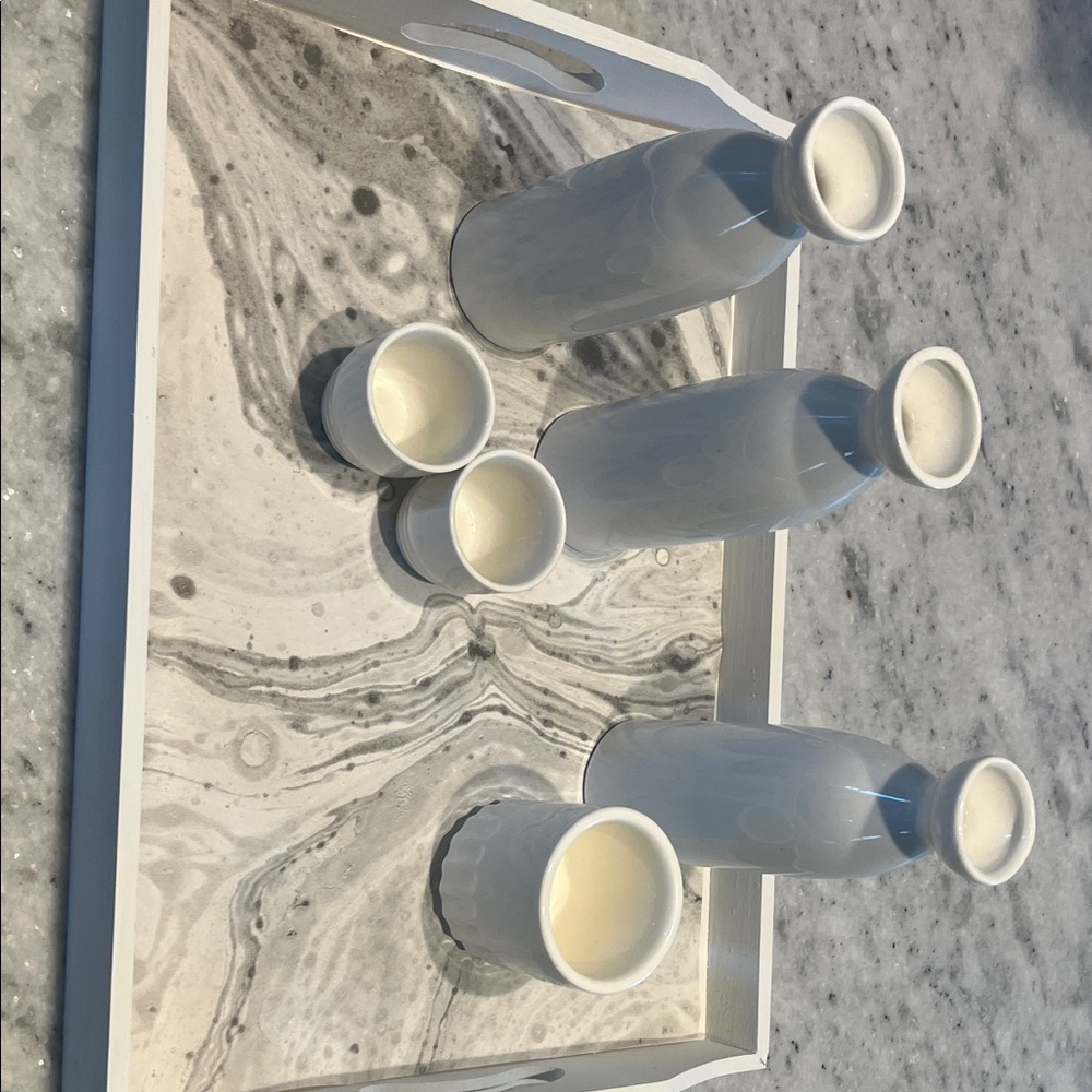 White Ceramic Sake Bottle and Cup Set